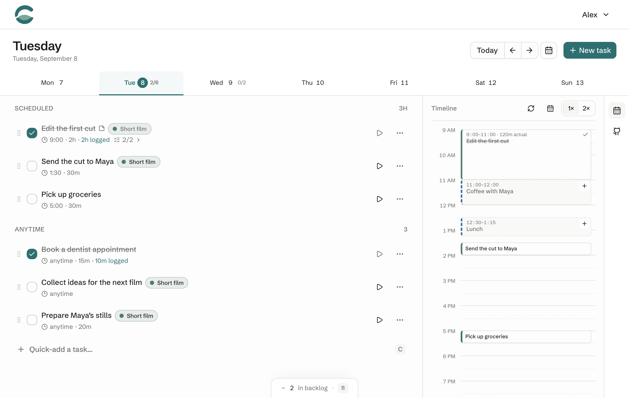 Clarya’s Tuesday view, with completed and remaining tasks alongside calendar events.