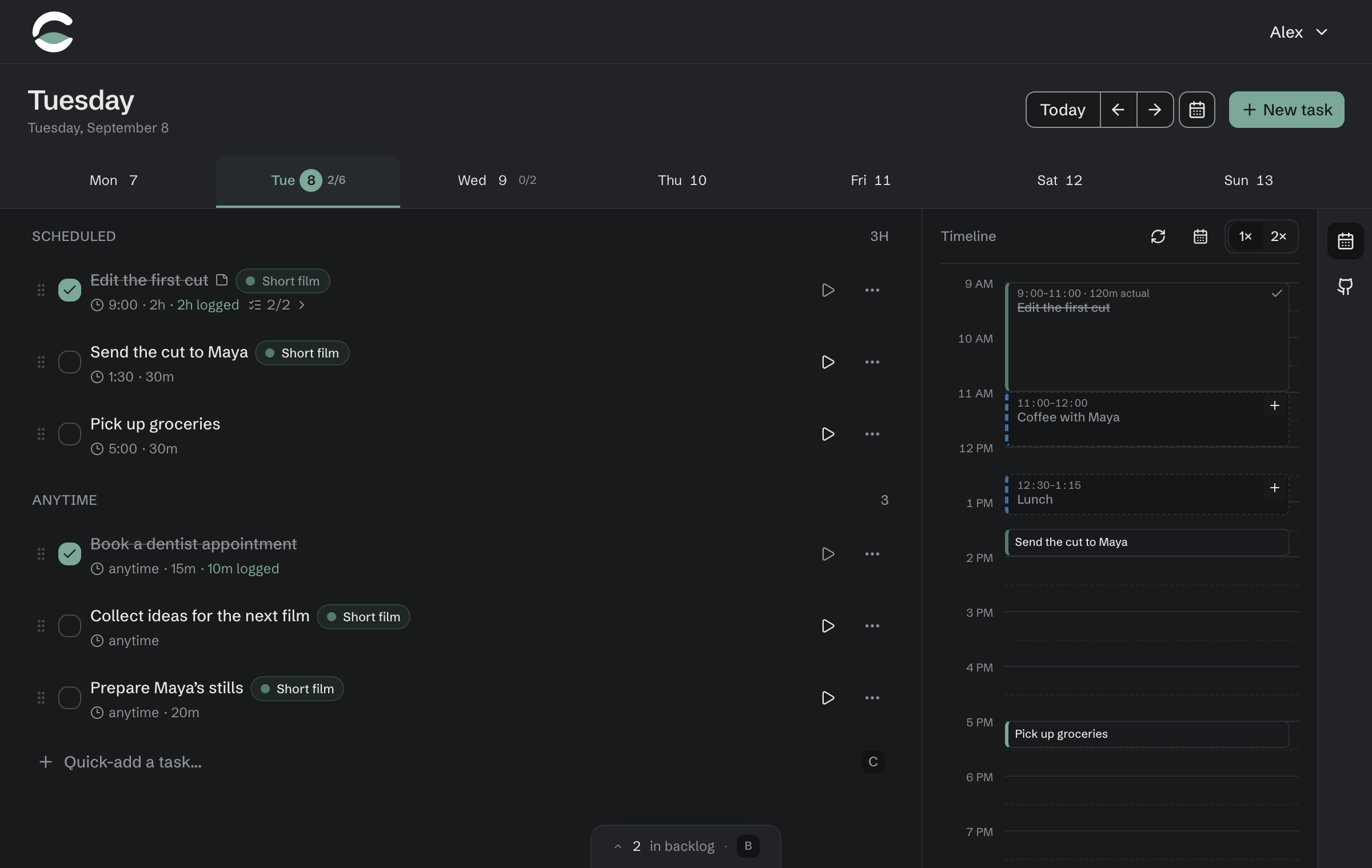 Clarya’s Tuesday view in dark mode, with completed and remaining tasks alongside calendar events.